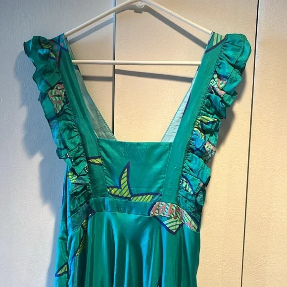 Silk Blue/Green Fish Print Maxi Dress. - Picture 5 of 8